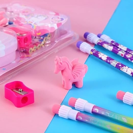 Unicorn Metal Pencil Box With 6 Eraser Top Pencils Pencil Cap & Sharpener Stationery