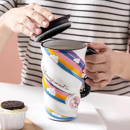 Unicorn Printed Long Ceramic Mug with Lid