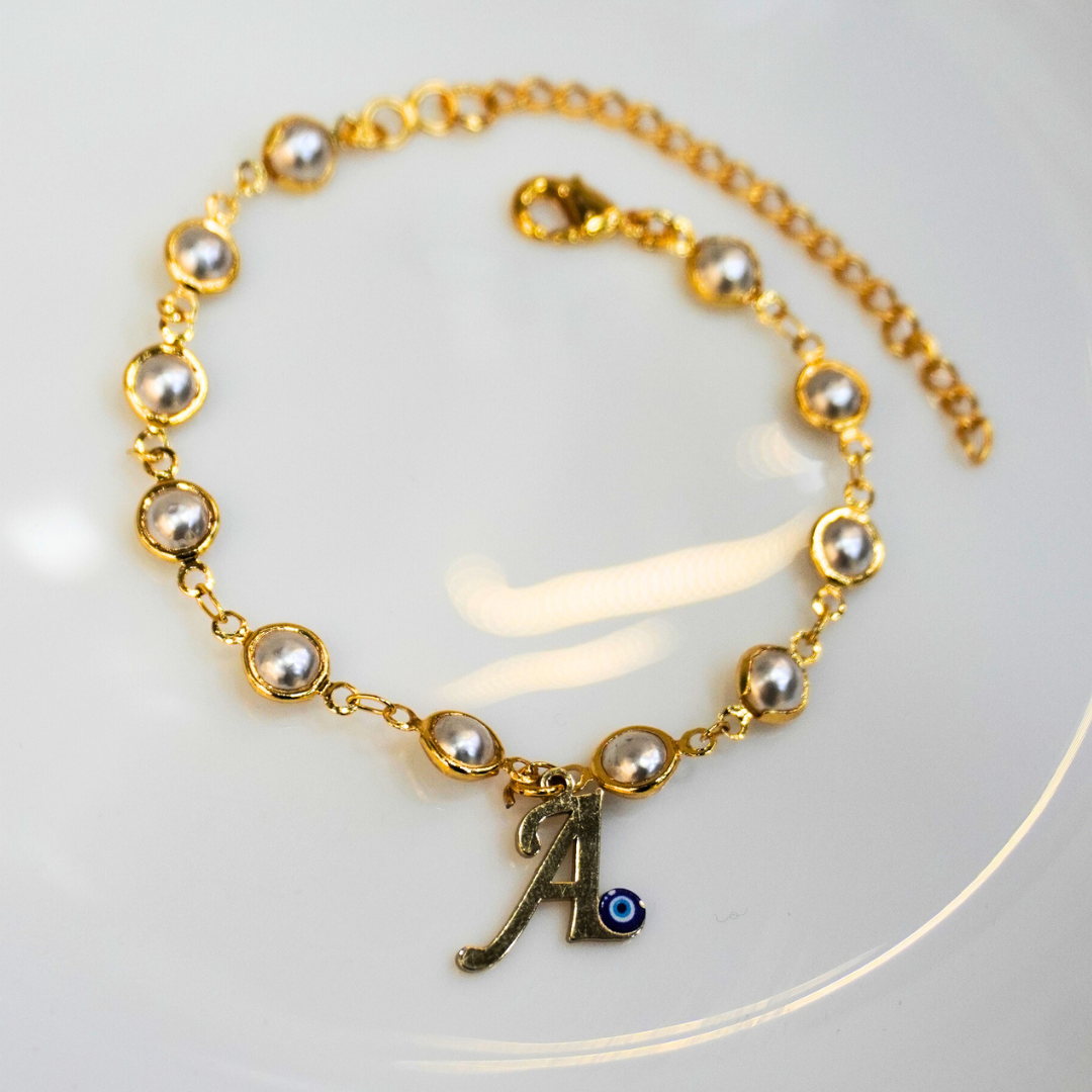 Name Initial Evil Eye Pearls Bracelet | All Letters Available