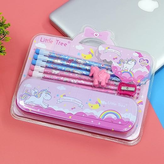 Unicorn Metal Pencil Box With 6 Eraser Top Pencils Pencil Cap & Sharpener Stationery