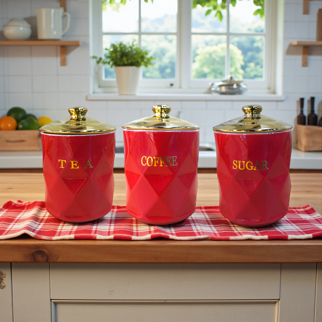 Red And Gold Tea Coffee Sugar White With Leaves Design 3pcs Ceramic Storage Jar
