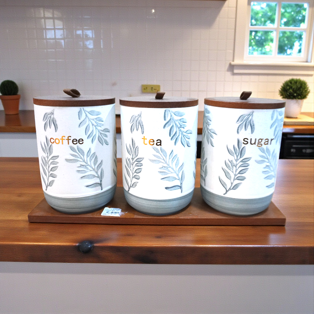 ceramic spice jar set with wooden stand (White)