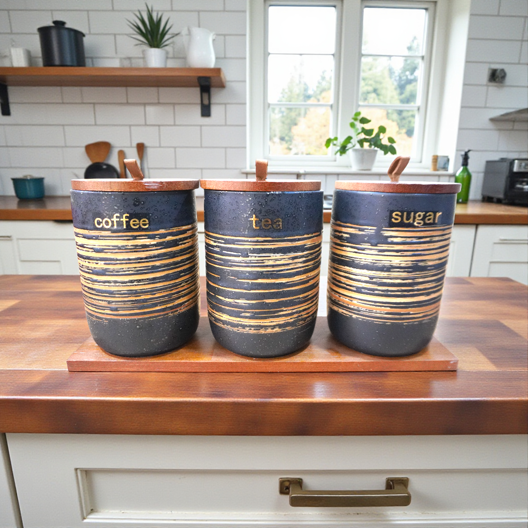 Set of 3 Coffee ,Tea ,Sugar  Ceramic and Wooden Jar Containers