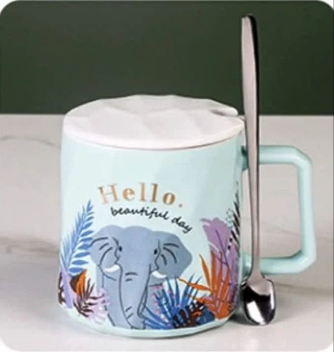 Ceramic Mug Animal Print Mug with Lid and Spoon