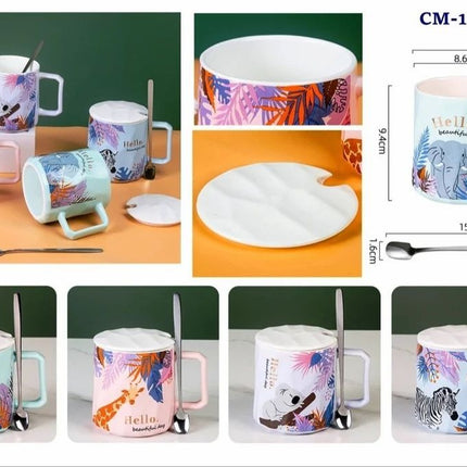 Ceramic Mug Animal Print Mug with Lid and Spoon