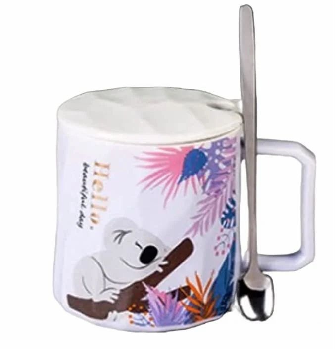 Ceramic Mug Animal Print Mug with Lid and Spoon
