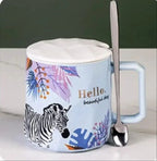 Ceramic Mug Animal Print Mug with Lid and Spoon