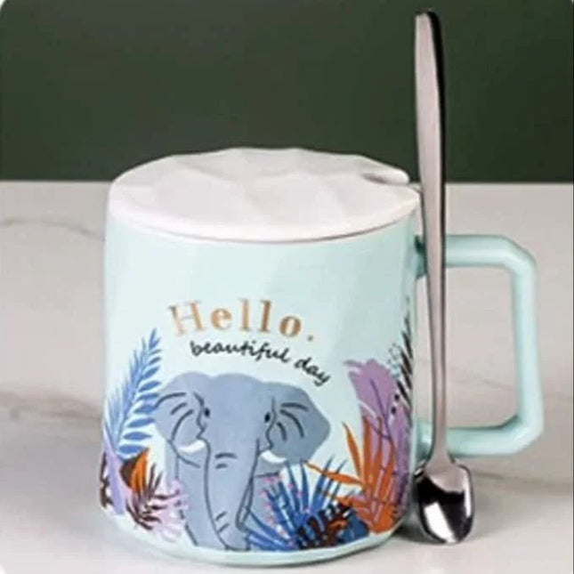 Ceramic Mug Animal Print Mug with Lid and Spoon