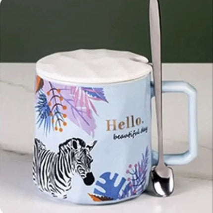Ceramic Mug Animal Print Mug with Lid and Spoon