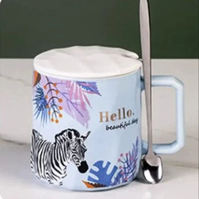 Ceramic Mug Animal Print Mug with Lid and Spoon