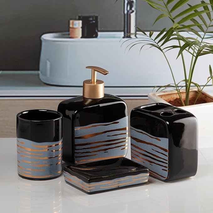 Ceramic Bathroom Accessories Set of 4, Modern Bath Set with Liquid handwash Soap Dispenser and Toothbrush Holder, Luxury Gift Accessory for Home