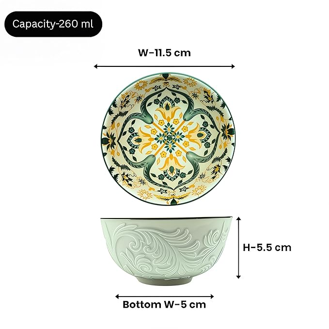 Lemon Tree Ceramic Matt Finish 4 Pc Bowl Set 11.5cm Snacks Nuts Dessert Serving 260ml Floral Print