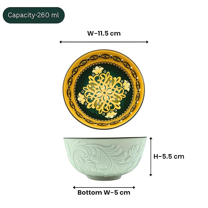Lemon Tree Ceramic Matt Finish 4 Pc Bowl Set 11.5cm Snacks Nuts Dessert Serving 260ml Floral Print Embossed Design Microwave Dishwasher Safe (Pattern C)