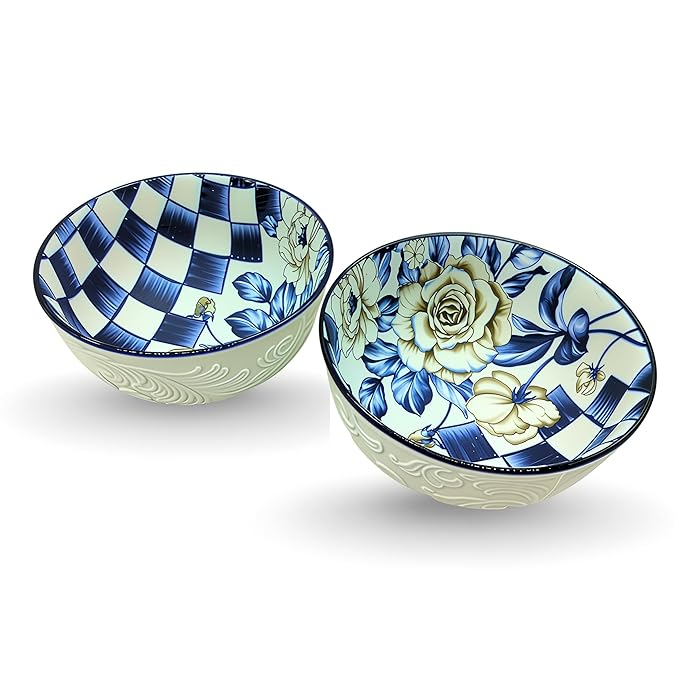 Lemon Tree Ceramic Matt Finish 2 Pc Bowl Set 11.5cm Snacks Nuts Dessert Serving 260ml Floral Print Embossed Design Microwave Dishwasher Safe