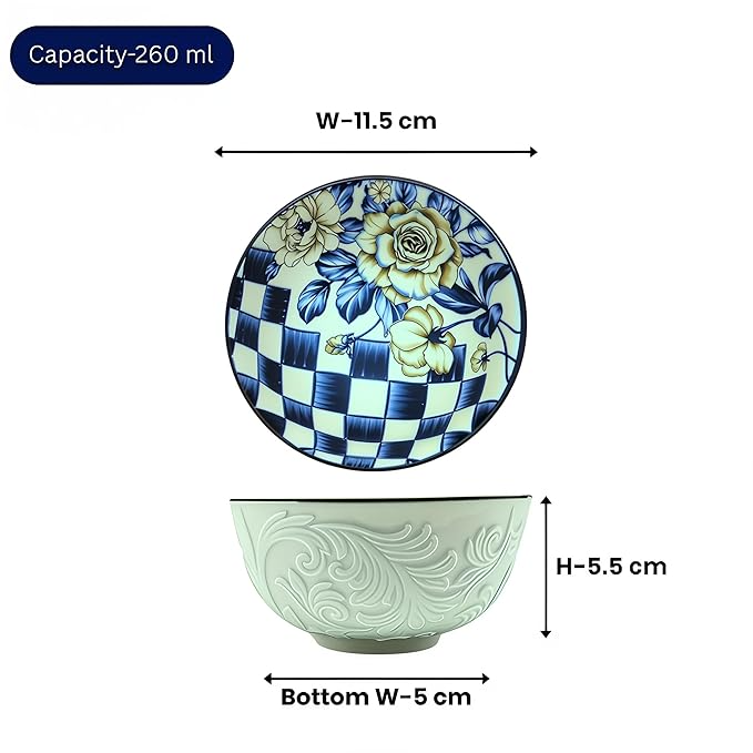 Lemon Tree Ceramic Matt Finish 4 Pc Bowl Set 11.5cm Snacks Nuts Dessert Serving 260ml Floral Print