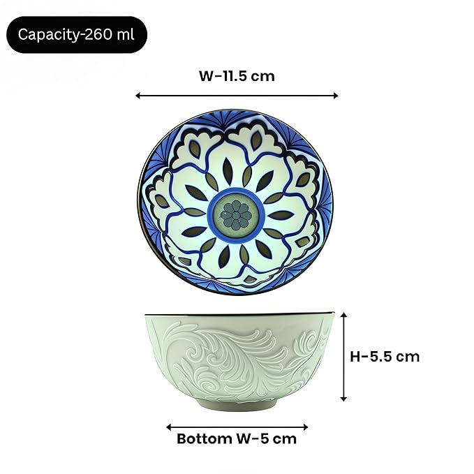 Lemon Tree Ceramic Matt Finish 2 Pc Bowl Set 11.5cm Snacks Nuts Dessert Serving 260ml Floral Print Embossed Design Microwave Dishwasher Safe