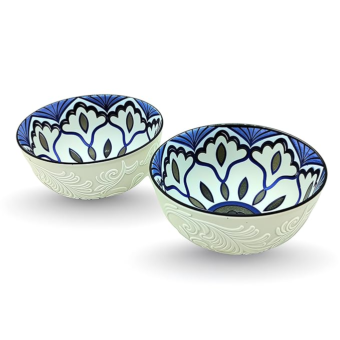 Lemon Tree Ceramic Matt Finish 2 Pc Bowl Set 11.5cm Snacks Nuts Dessert Serving 260ml Floral Print Embossed Design Microwave Dishwasher Safe