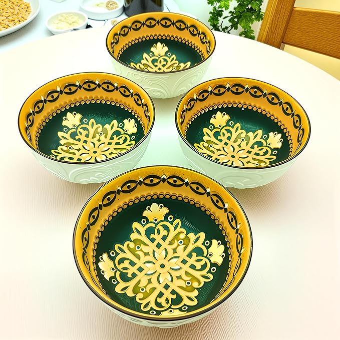 Lemon Tree Ceramic Matt Finish 4 Pc Bowl Set 11.5cm Snacks Nuts Dessert Serving 260ml Floral Print Embossed Design Microwave Dishwasher Safe (Pattern C)