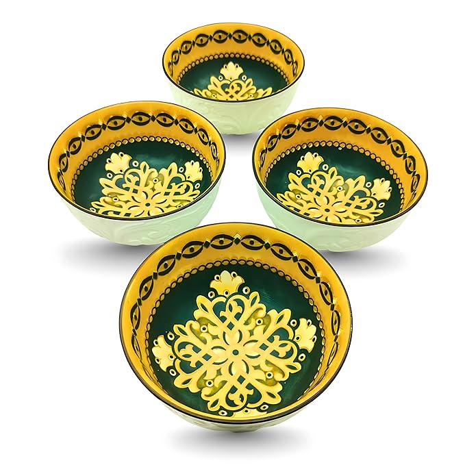 Lemon Tree Ceramic Matt Finish 4 Pc Bowl Set 11.5cm Snacks Nuts Dessert Serving 260ml Floral Print Embossed Design Microwave Dishwasher Safe (Pattern C)