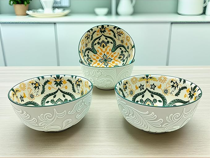 Lemon Tree Ceramic Matt Finish 4 Pc Bowl Set 11.5cm Snacks Nuts Dessert Serving 260ml Floral Print