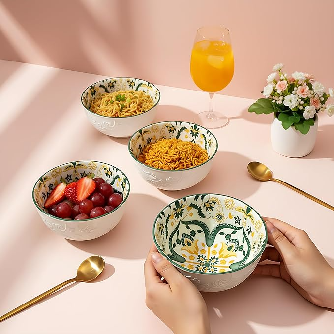 Lemon Tree Ceramic Matt Finish 4 Pc Bowl Set 11.5cm Snacks Nuts Dessert Serving 260ml Floral Print