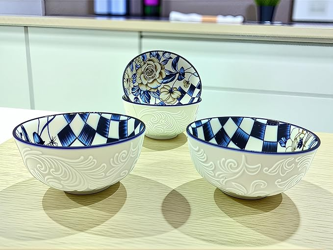 Lemon Tree Ceramic Matt Finish 4 Pc Bowl Set 11.5cm Snacks Nuts Dessert Serving 260ml Floral Print