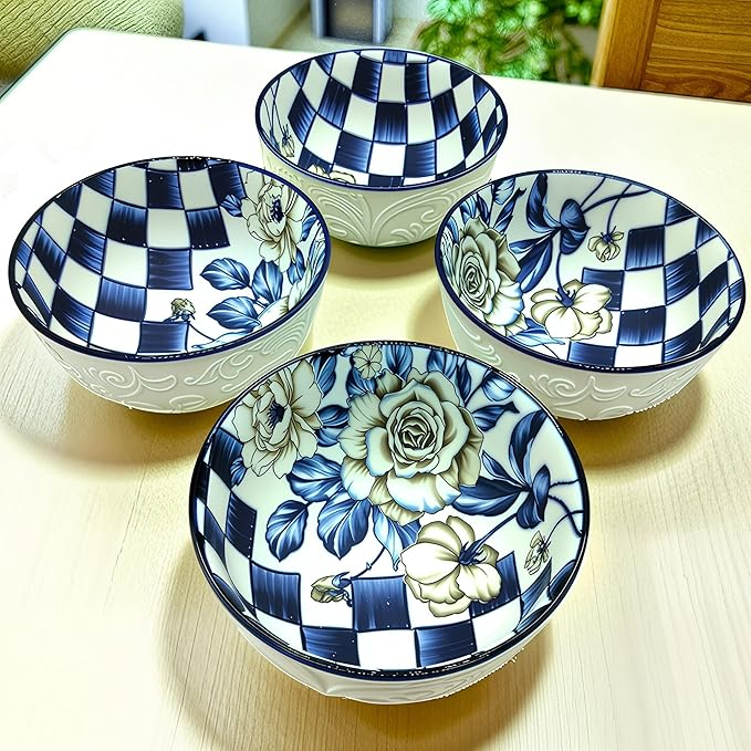 Lemon Tree Ceramic Matt Finish 4 Pc Bowl Set 11.5cm Snacks Nuts Dessert Serving 260ml Floral Print