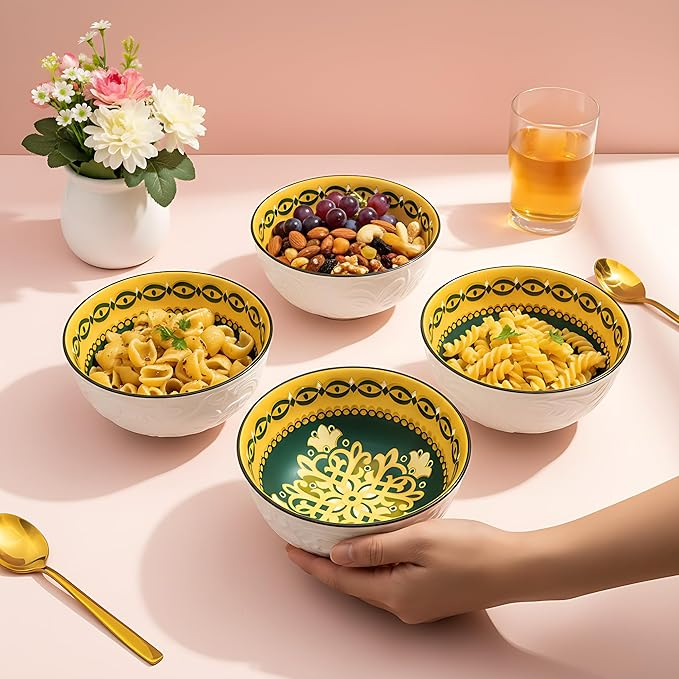 Lemon Tree Ceramic Matt Finish 4 Pc Bowl Set 11.5cm Snacks Nuts Dessert Serving 260ml Floral Print