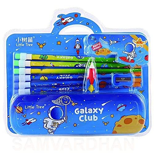 Space Metal Pencil Box with  Top Pencils Pencil Cap & Sharpener Stationary