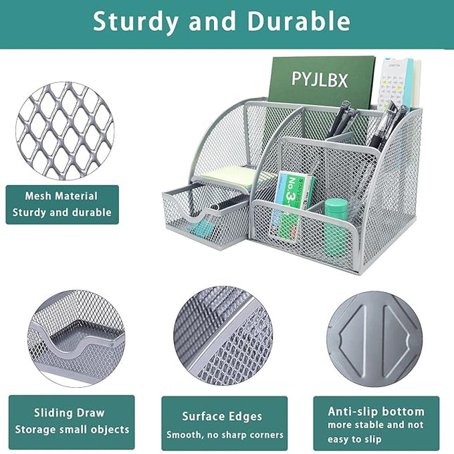 Office Desk Pen Holder & Accessories Organizer, Metal Mesh Desk Organizers and Storage
