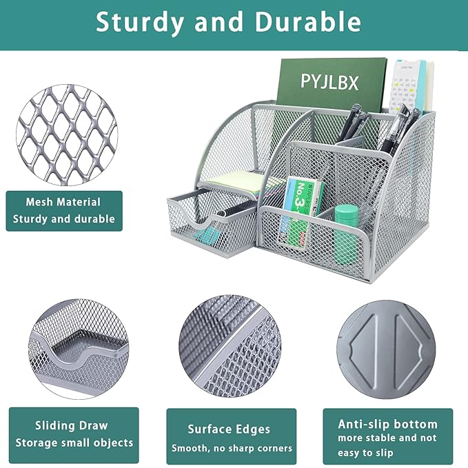 Office Desk Pen Holder & Accessories Organizer, Metal Mesh Desk Organizers and Storage