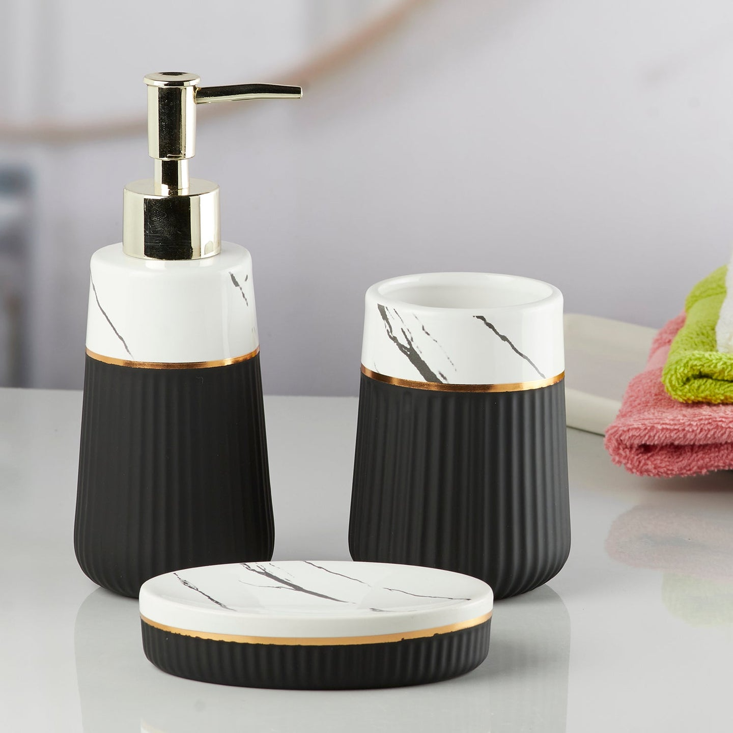 Ceramic Bathroom Accessories Set of 3 with Soap Dispenser