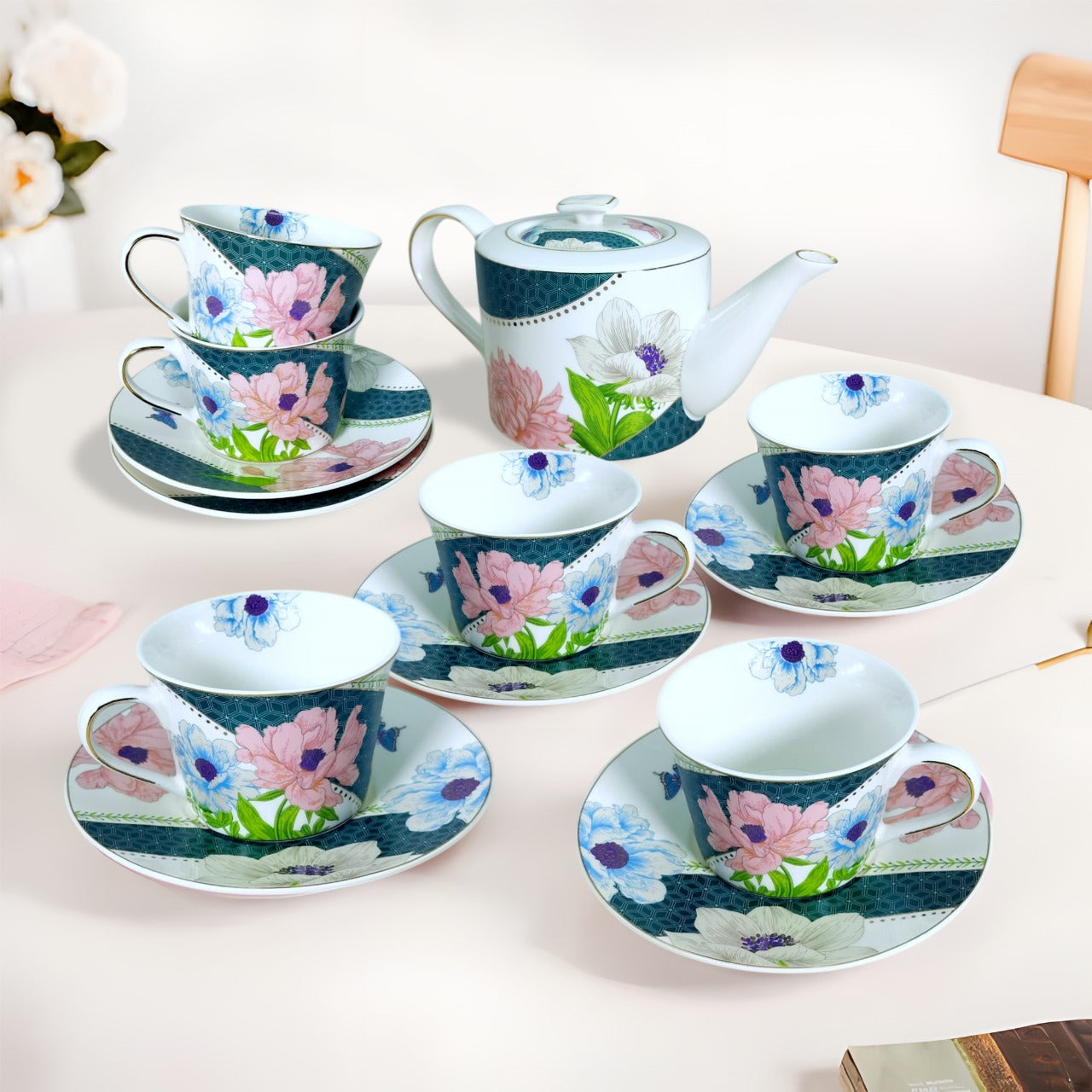 Fine Porcelain 13-Piece Blue Tea Set with Floral Decal and Gold Line – Lightweight