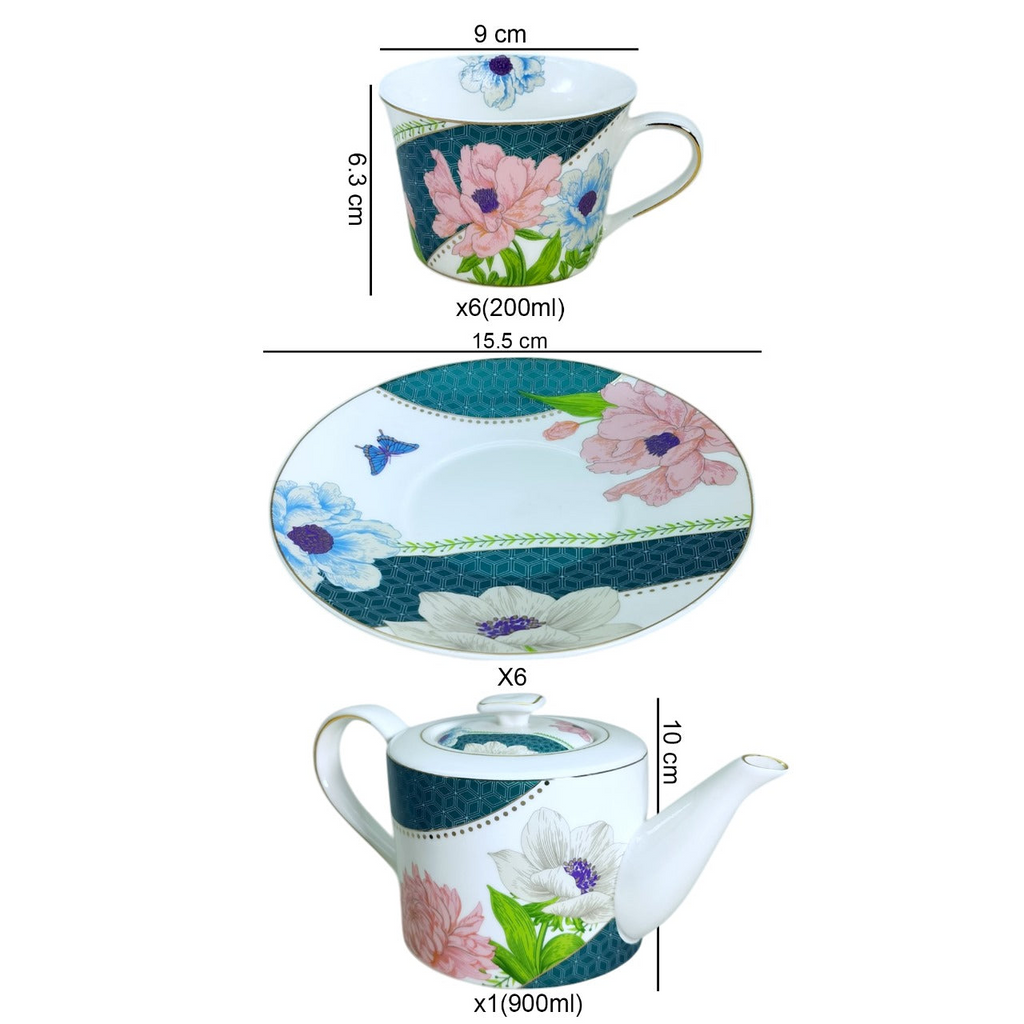 Fine Porcelain 13-Piece Blue Tea Set with Floral Decal and Gold Line – Lightweight