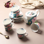 Fine Porcelain 13-Piece Blue Tea Set with Floral Decal and Gold Line – Lightweight