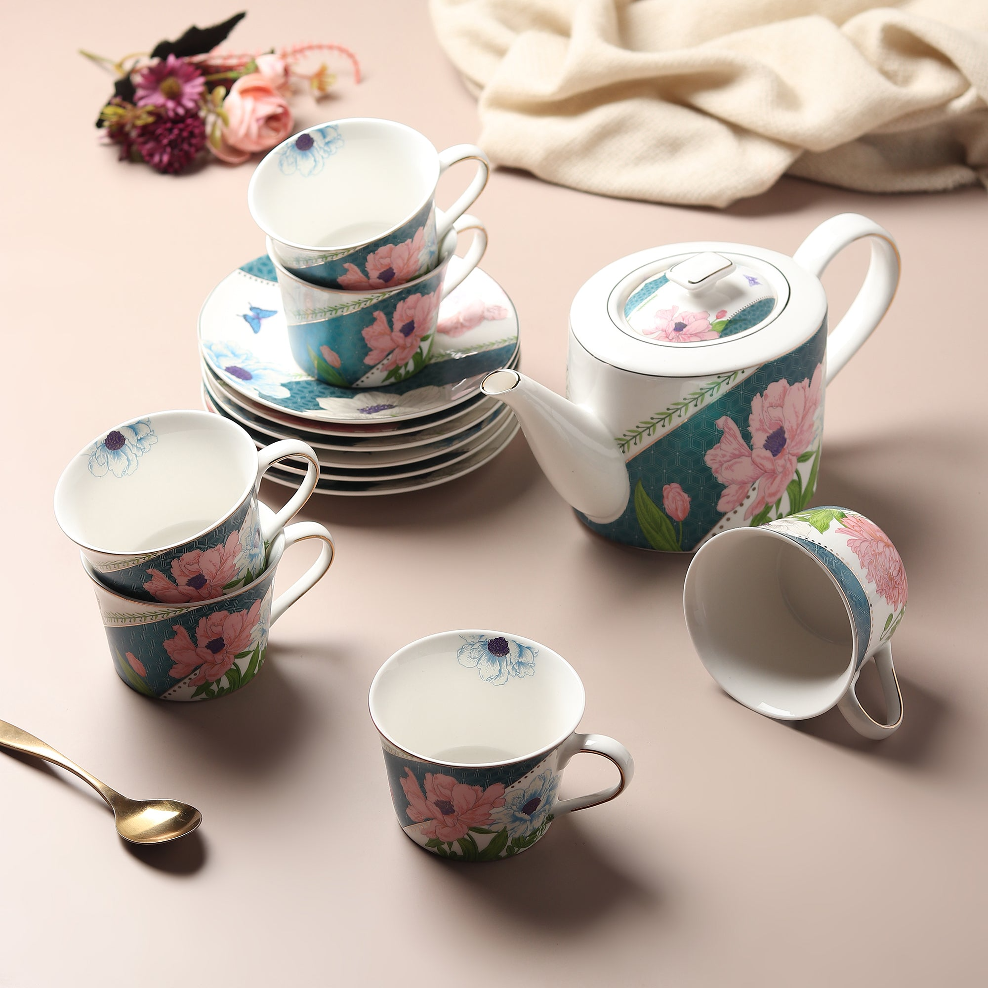Fine Porcelain 13-Piece Blue Tea Set with Floral Decal and Gold Line – Lightweight