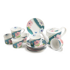 Fine Porcelain 13-Piece Blue Tea Set with Floral Decal and Gold Line – Lightweight