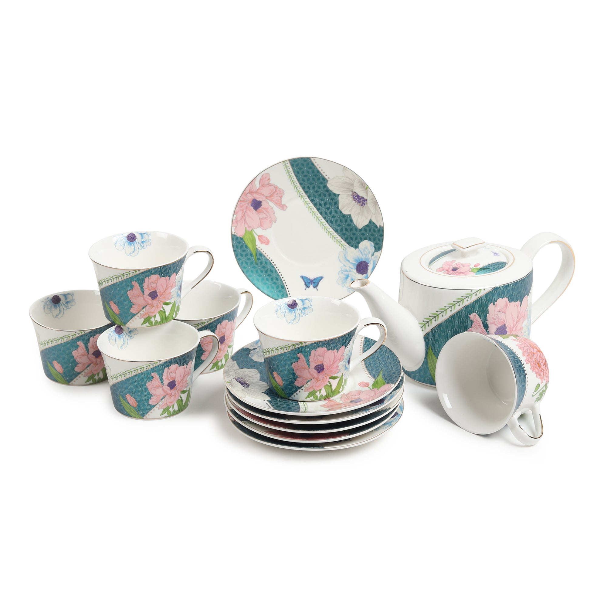 Fine Porcelain 13-Piece Blue Tea Set with Floral Decal and Gold Line – Lightweight
