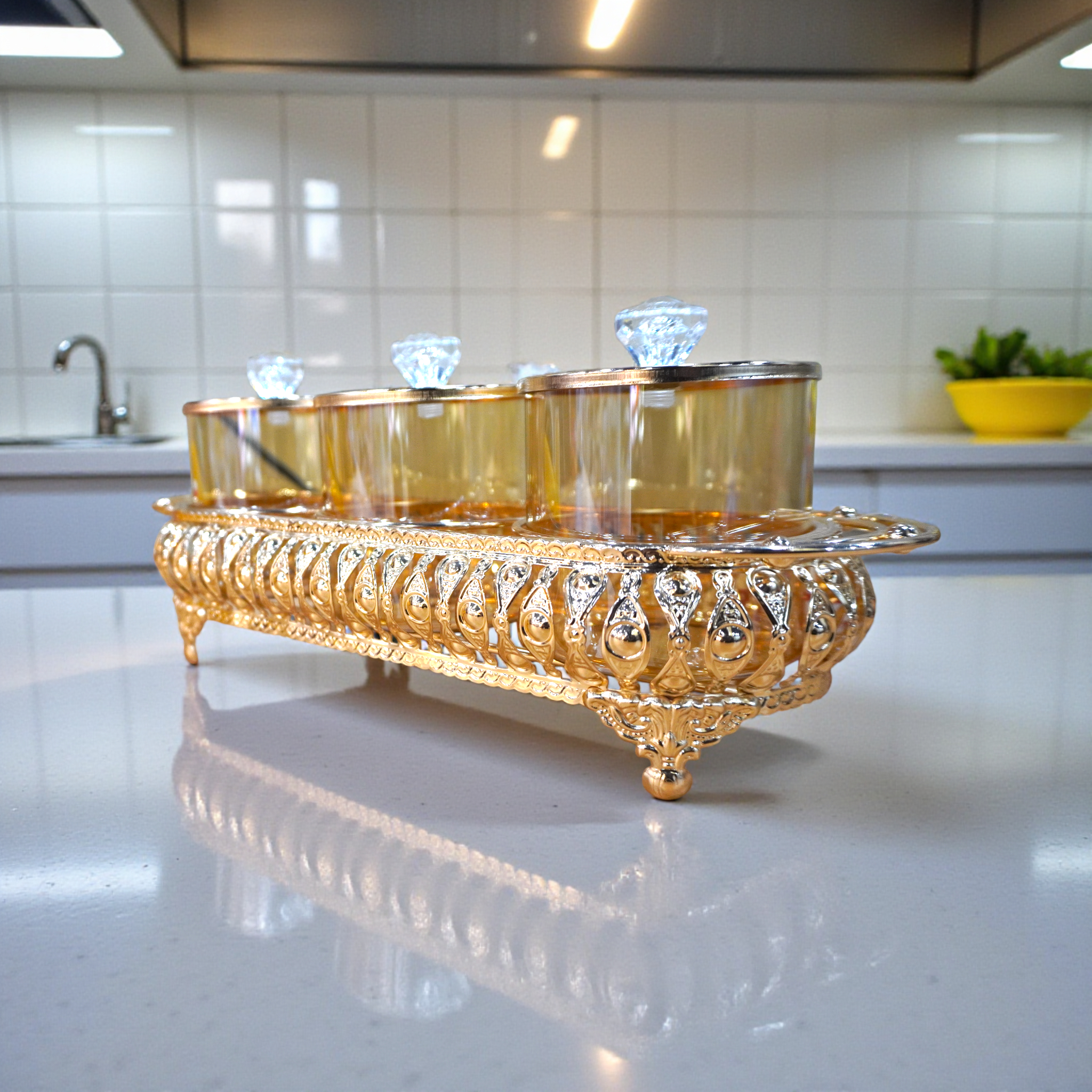 New Inning Luxury Glass Dry Fruit & Snack Serving Jars with Crystal Knob Lids and Gold Metal Stand
