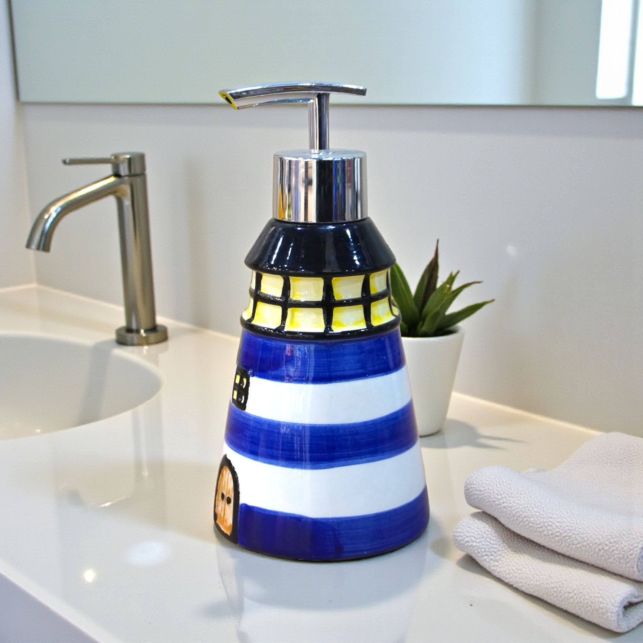 Ceramic Soap Dispenser for Bathroom handwash, refillable Pump Bottle Dark Blue