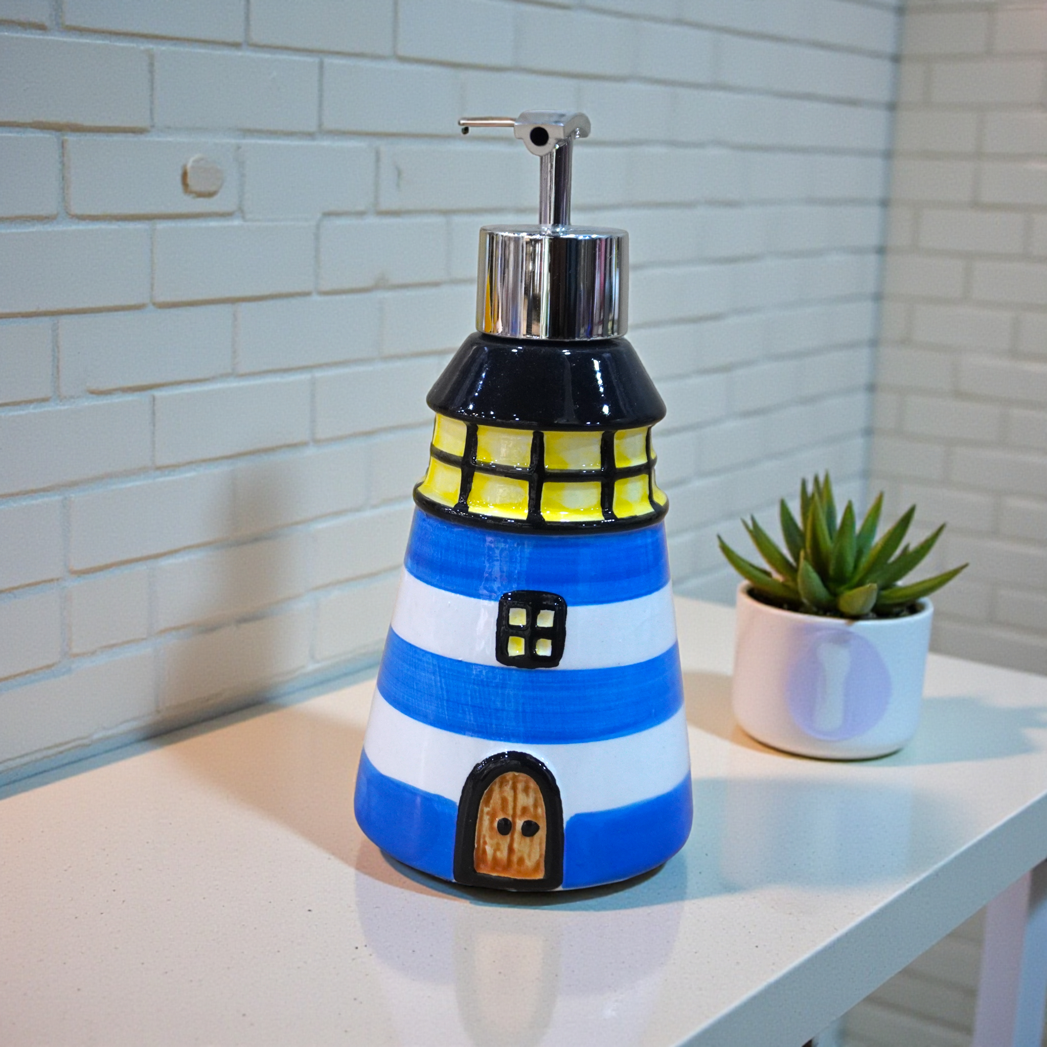 Ceramic Soap Dispenser for Bathroom handwash, refillable Pump Bottle Little Blue