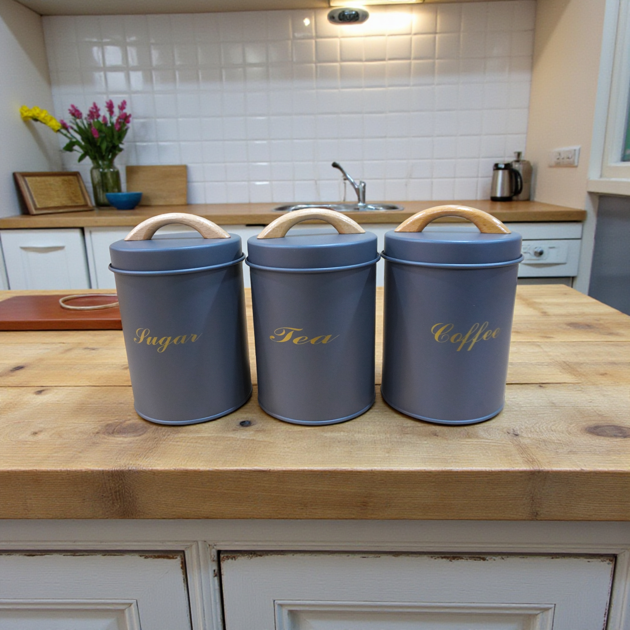Metal Storage Jar Set of 3 – Coffee, Tea & Sugar  | Matte Grey Cylindrical Airtight Containers