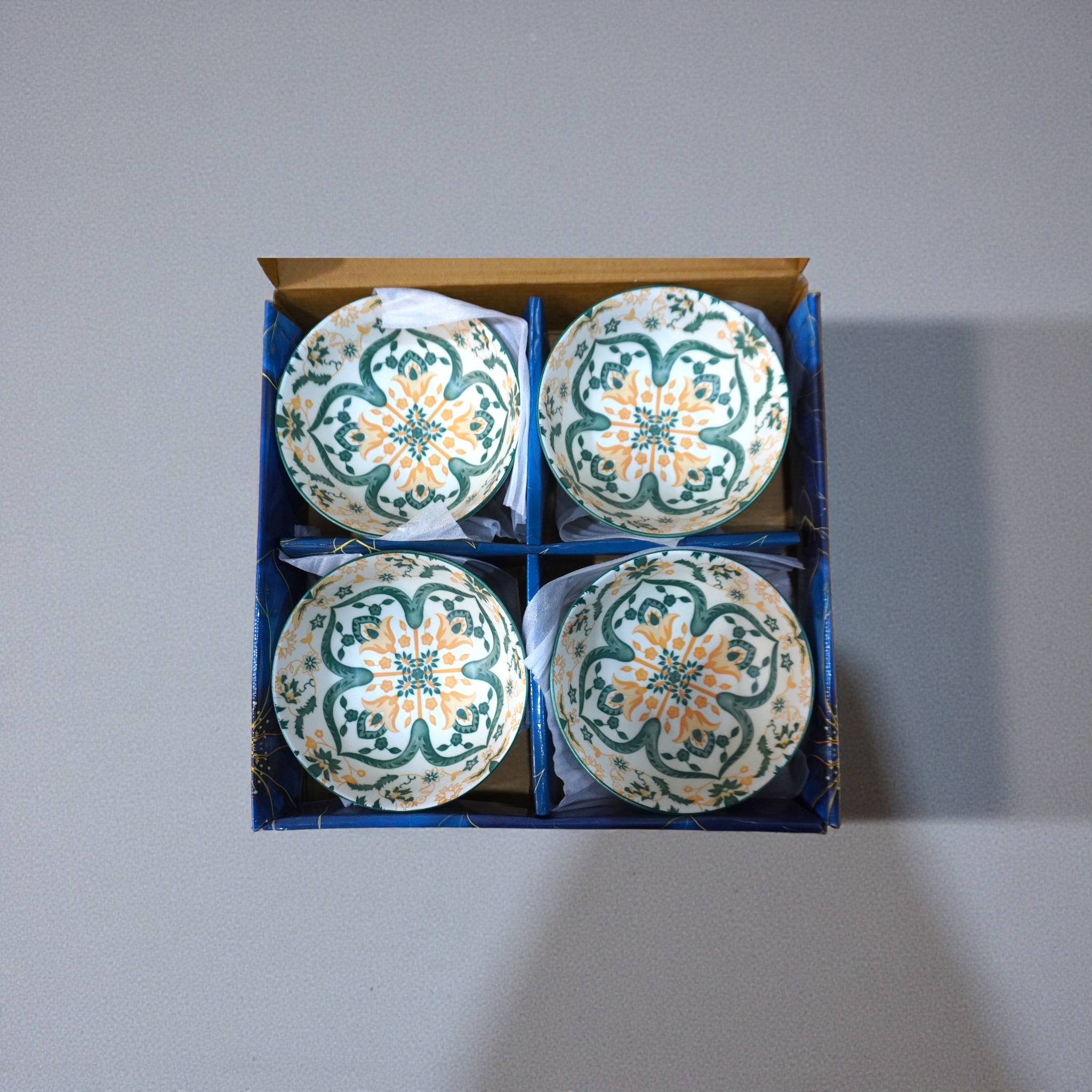 Lemon Tree Ceramic Matt Finish 4 Pc Bowl Set 11.5cm Snacks Nuts Dessert Serving 300ml Floral Print Embossed Design