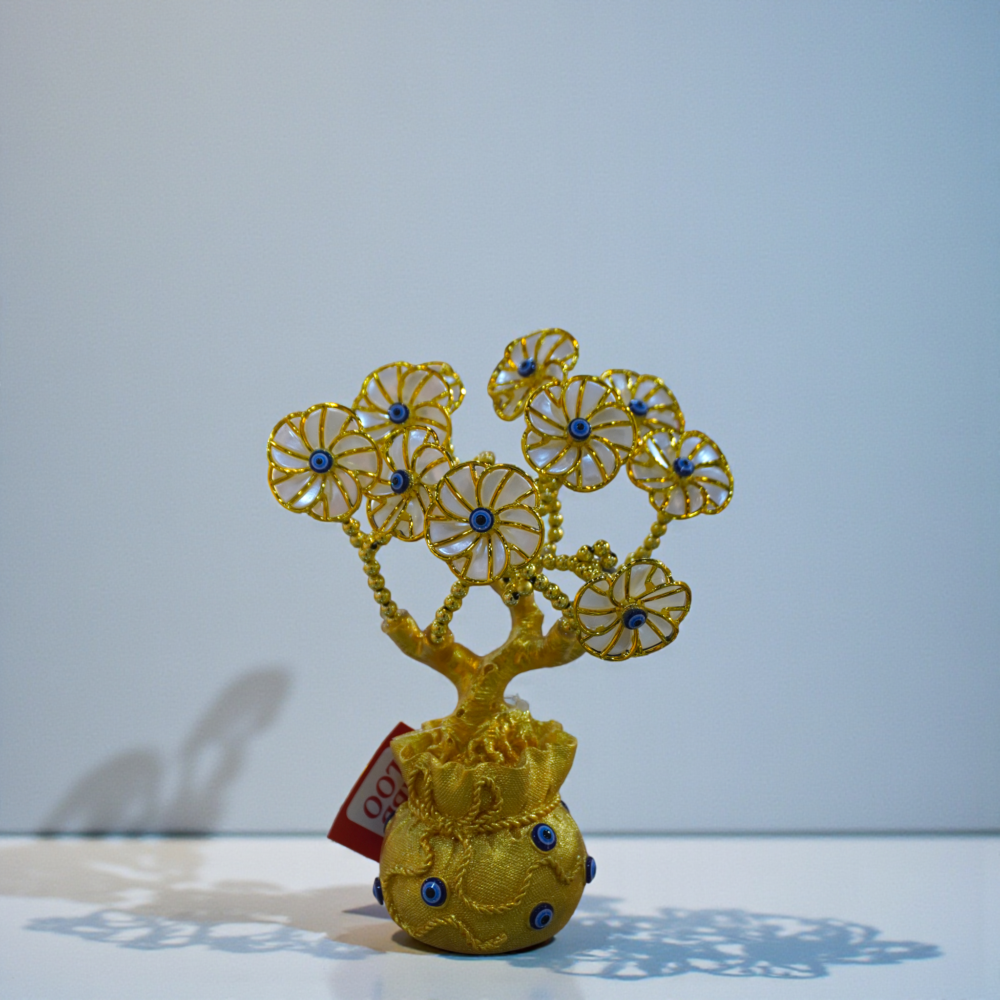 Decorative Evil Eye Protection Tree, Gold Metal Floral Design with Blue Eyes, Poly Stone Base, Home Decoration