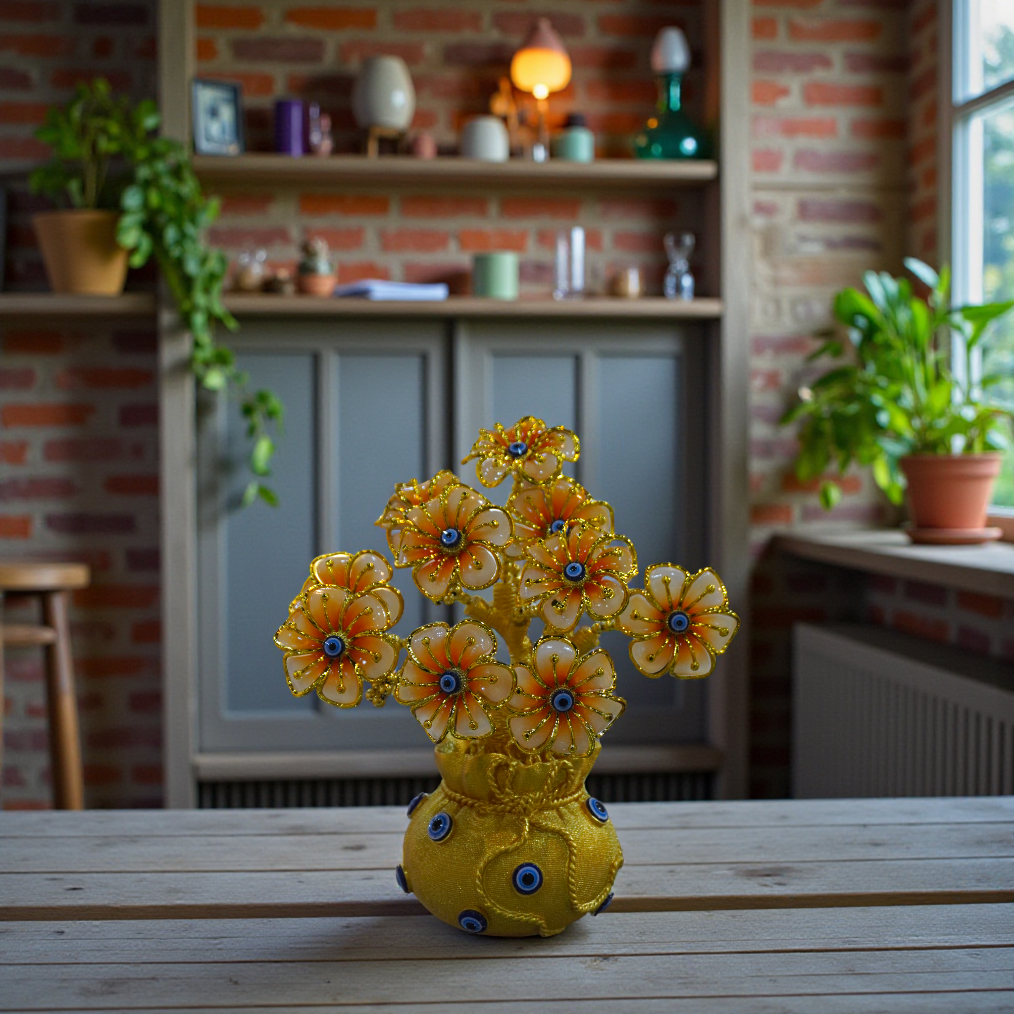 Evil Eye Flowers Tree with Golden Pot Base Money Fortune Tree Protection | Good Luck