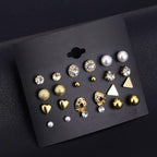 Classic Gold & Crystal Stud Earring Set – 12 Pairs