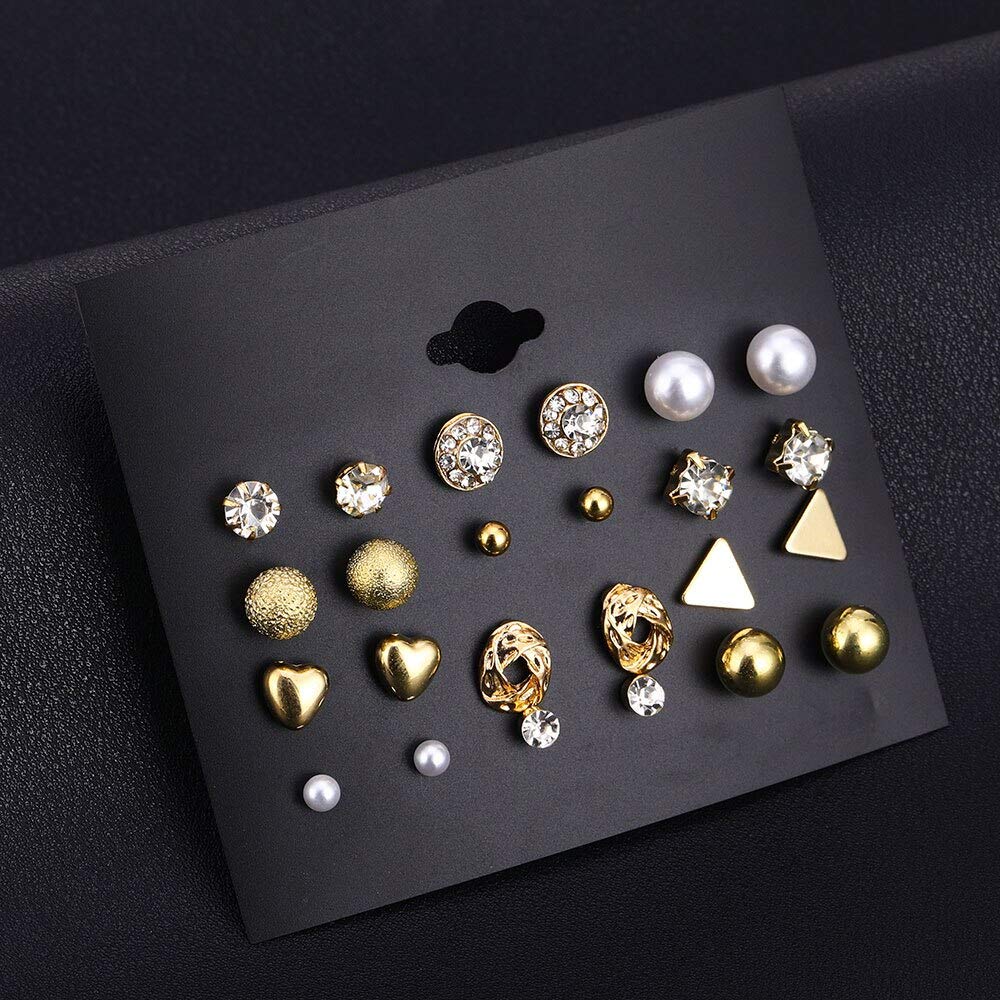 Classic Gold & Crystal Stud Earring Set – 12 Pairs