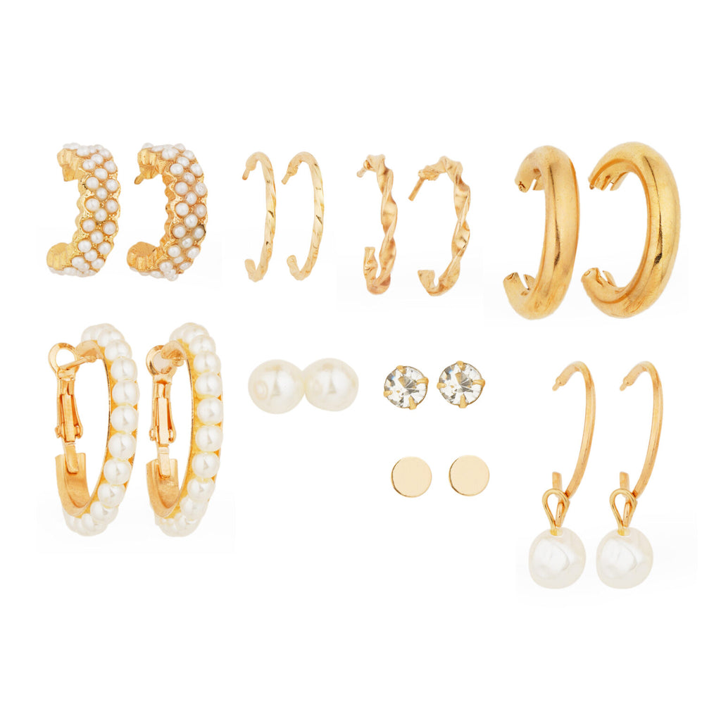 Elegant Gold & Pearl Earring Set – 9 Pairs