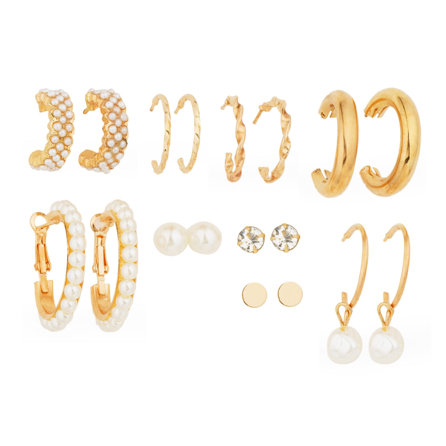 Elegant Gold & Pearl Earring Set – 9 Pairs