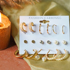 Elegant Gold & Pearl Earring Set – 9 Pairs